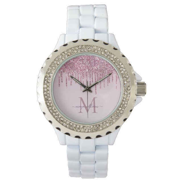  Rose Glitter Drips Personalised Monogram And Name Watch (Front)