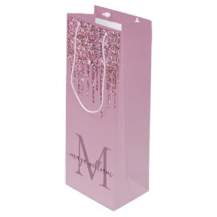  Rose Glitter Drips Personalised Monogram And Name Wine Gift Bag