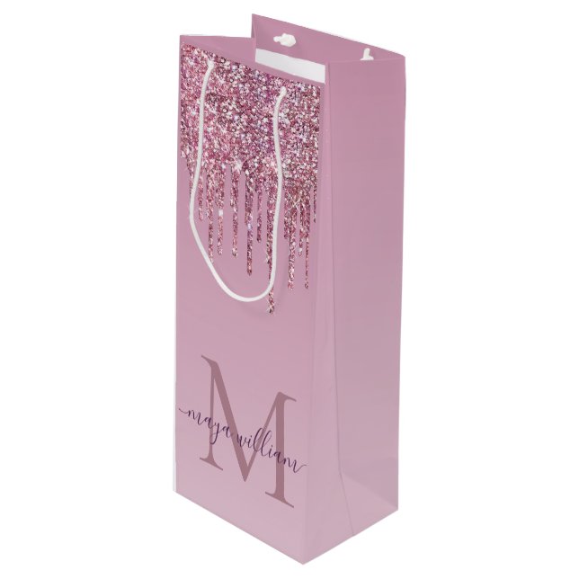  Rose Glitter Drips Personalised Monogram And Name Wine Gift Bag (Front Angled)