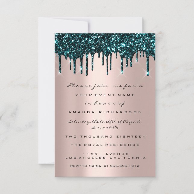 Rose Glitter Drips Teal Bridal Shower Sweet 16th Invitation (Front)