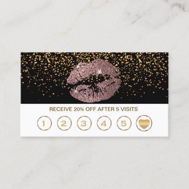 Rose Glitter Lips Loyalty Cards on Black & White (Front)