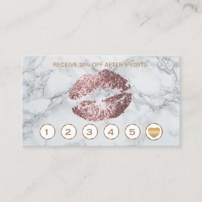 Rose Glitter Lips on Grey and White Marble Loyalty Card (Front)