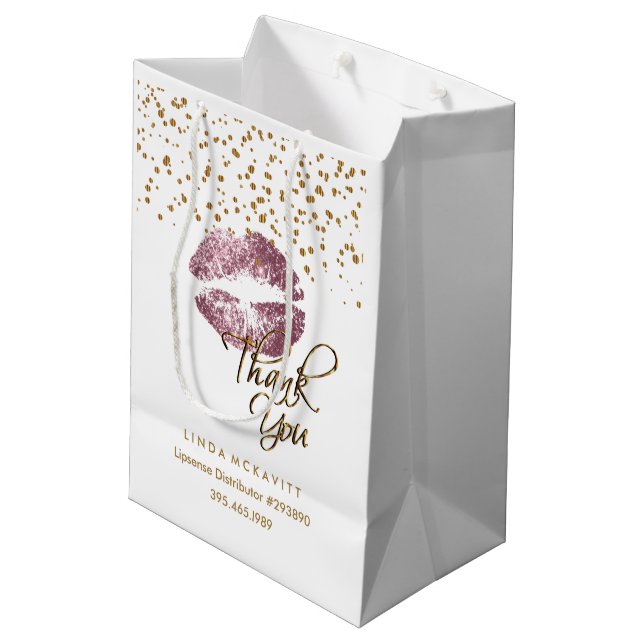Rose Glitter Lipstick on White - Thank You Medium Gift Bag (Back Angled)