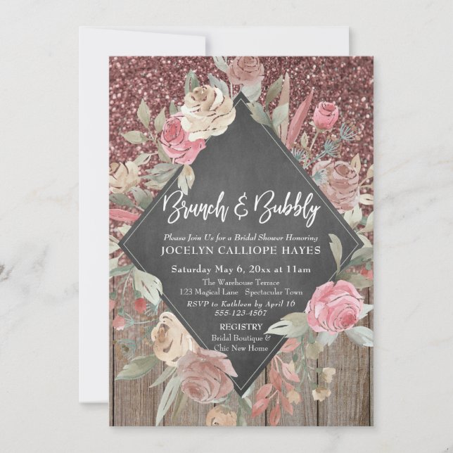 Rose Glitter Wood Floral Chalkboard Brunch Bubbly Invitation (Front)