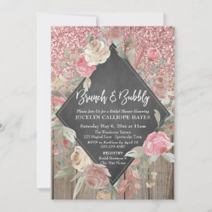 Rose Glitter Wood Floral Chalkboard Brunch Bubbly Invitation