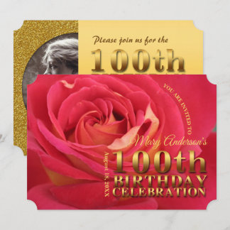 Rose Gold 100th Birthday Celebration add Photo Inv Invitation