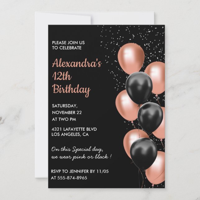 Rose gold 12th birthday invitation Balloon Black (Front)