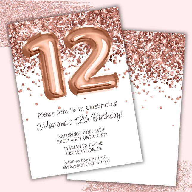 Rose Gold 12th Birthday Party Invitation (Creator Uploaded)