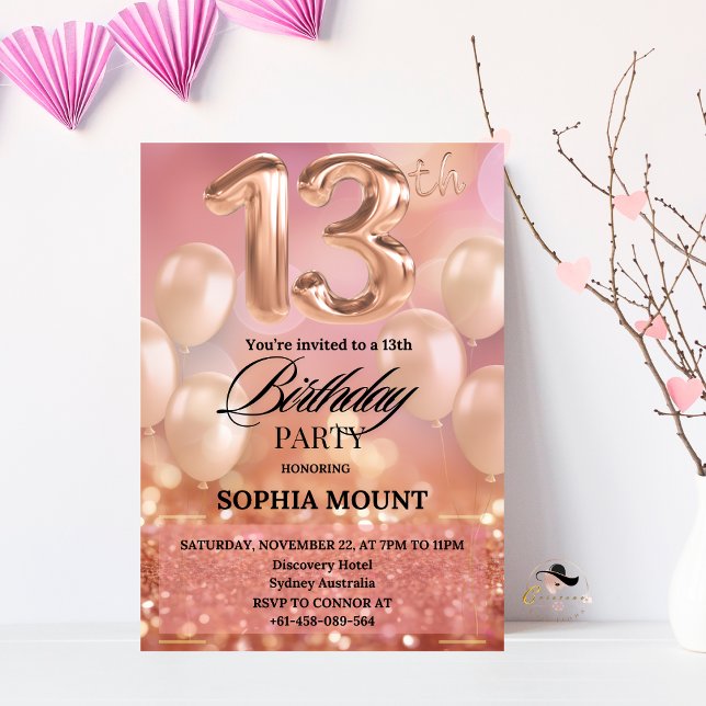 Rose Gold 13th Birthday Party Pink Invitations (Creator Uploaded)