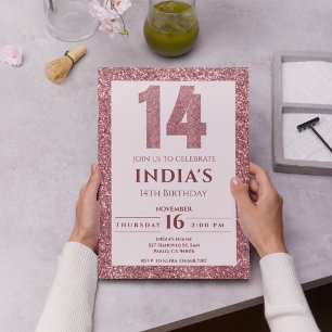rose gold 14th birthday invitation