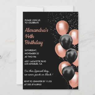 Rose gold 14th birthday invitation Balloon Black