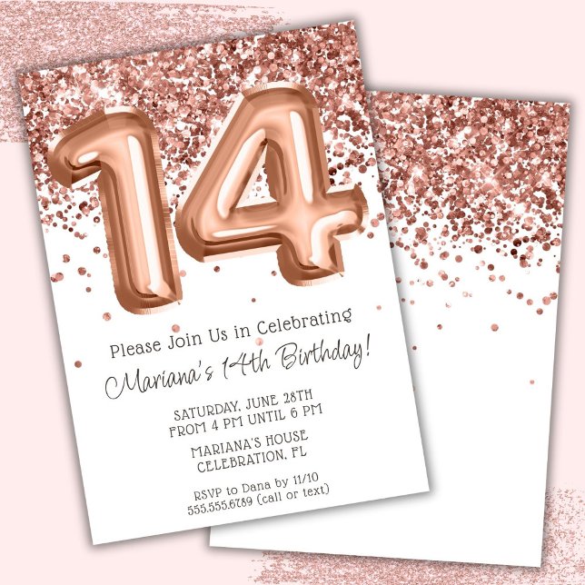 Rose Gold 14th Birthday Party Invitation (Creator Uploaded)
