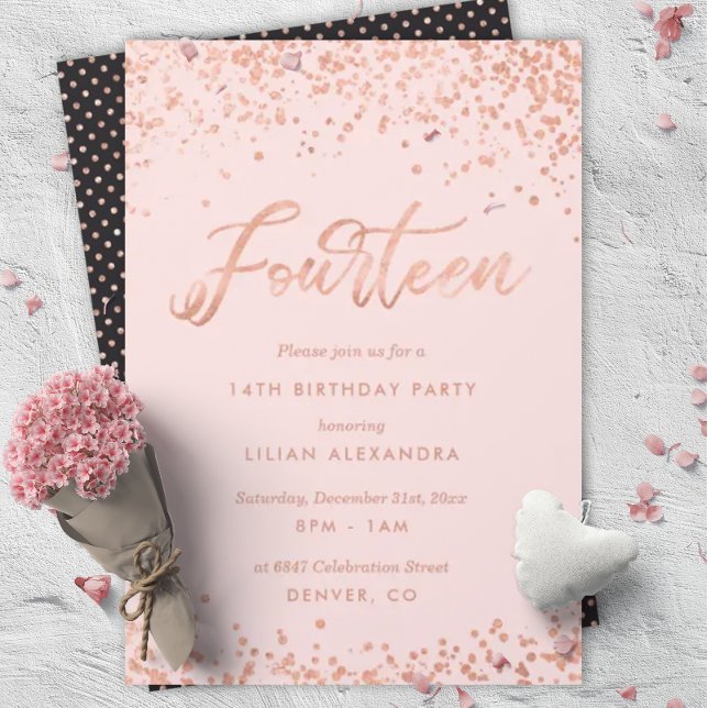 Rose Gold 14th Birthday Party Invitation Faux Foil (Creator Uploaded)