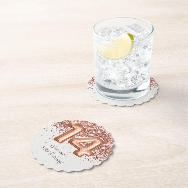  Rose Gold 14th Birthday Party Paper Coaster (Insitu)