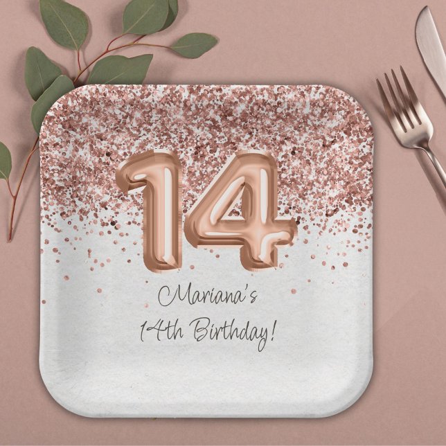  Rose Gold 14th Birthday Party Paper Plate (Creator Uploaded)