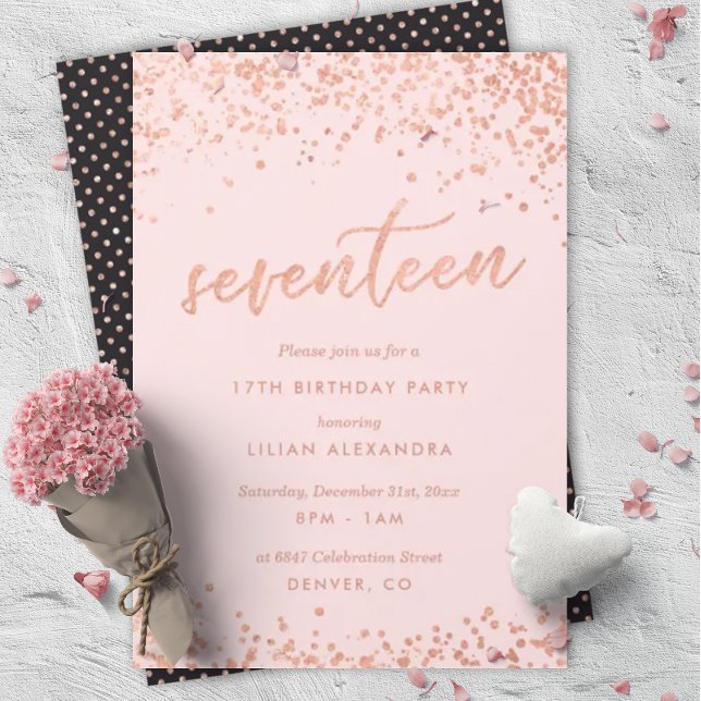 Rose Gold 17th Birthday Invitation | Faux Foil (Creator Uploaded)