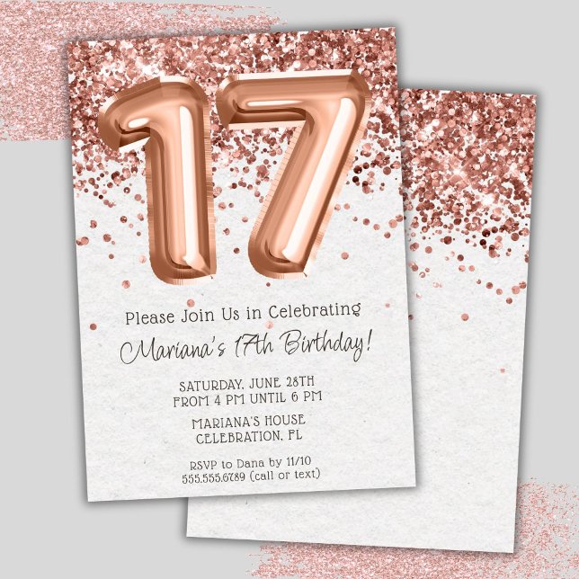 Rose Gold 17th Birthday Party Invitation (Creator Uploaded)