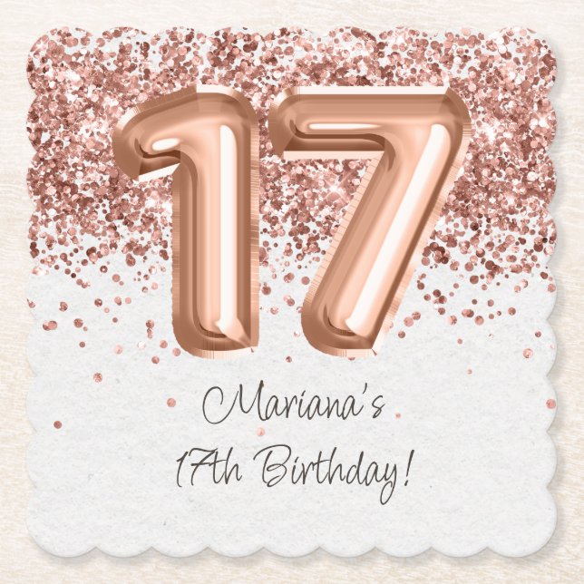  Rose Gold 17th Birthday Party Paper Coaster (Front)