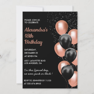 Rose gold 18th birthday invitation Balloon Black