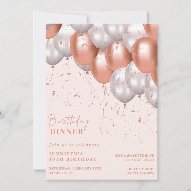 Rose gold 19th birthday invitations Balloon Dinner (Front)