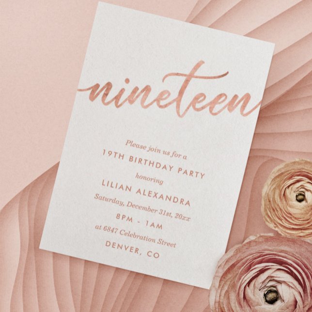 Rose Gold 19th Birthday Party Invitation Faux Foil (Creator Uploaded)