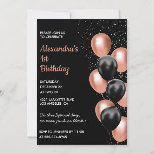 Rose gold 1st birthday invitation Balloon Black