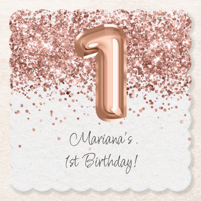  Rose Gold 1st Birthday Party Paper Coaster (Front)