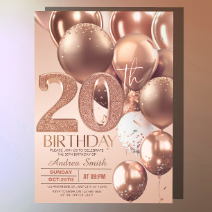 Rose Gold 20th Birthday Glam Glitter Balloons Invitation