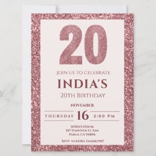 rose gold 20th birthday  invitation