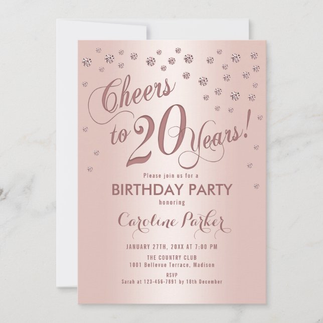 Rose Gold 20th Birthday Party Invitation (Front)