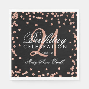 Rose Gold 21st Birthday Glitter Confetti Black Napkin