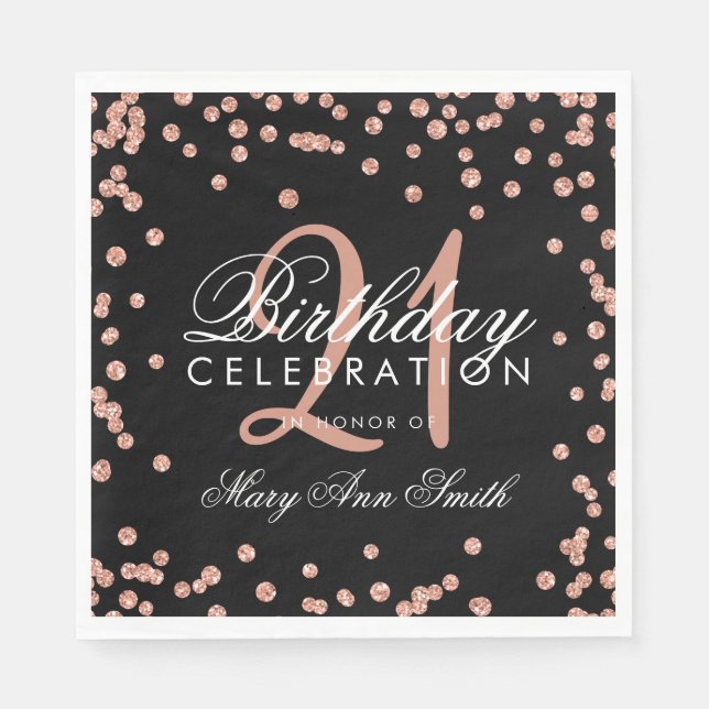 Rose Gold 21st Birthday Glitter Confetti Black Napkin (Front)