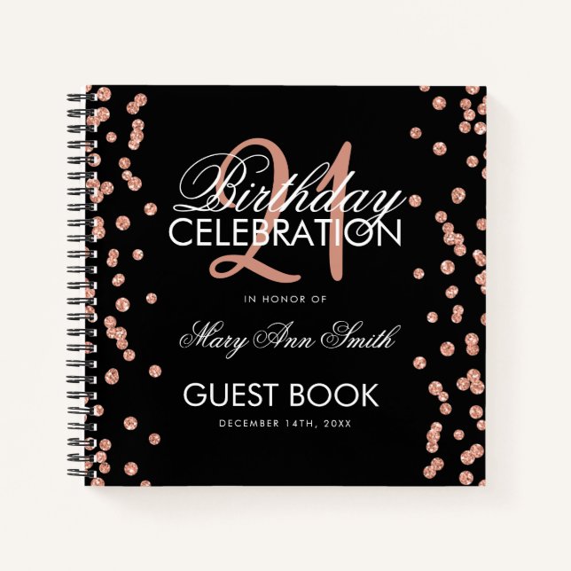 Rose Gold 21st Birthday Guestbook Confetti Black Notebook (Front)