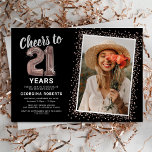 Rose Gold 21st Birthday Photo Invitation<br><div class="desc">Celebrate the grand milestone of turning twenty-one with our elegant birthday party invitations. With a customisable trendy black background, a personal photo spot, and rose golden accents, these invitations are sure to leave a lasting impression. The rose gold helium balloon details add a touch of magic, while the modern 21st...</div>