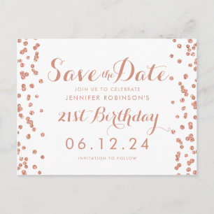 Rose Gold 21st Birthday Save The Date Confetti Announcement Postcard