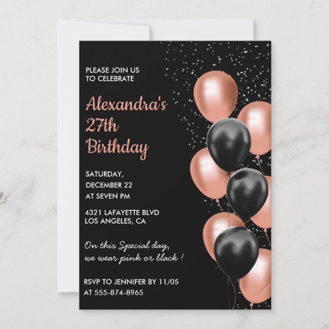 Rose gold 27th birthday invitation Balloon Black (Front)