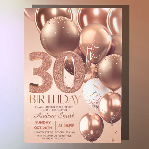 Rose Gold 30th Birthday Balloons Glam Glitter Invitation