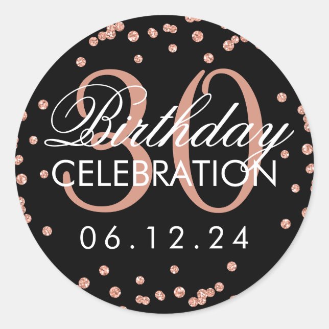Rose Gold 30th Birthday Glitter Confetti Black Classic Round Sticker (Front)