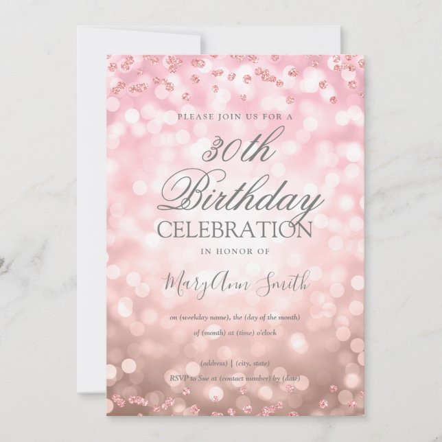 Rose Gold 30th Birthday Glitter Confetti Lights Invitation (Front)