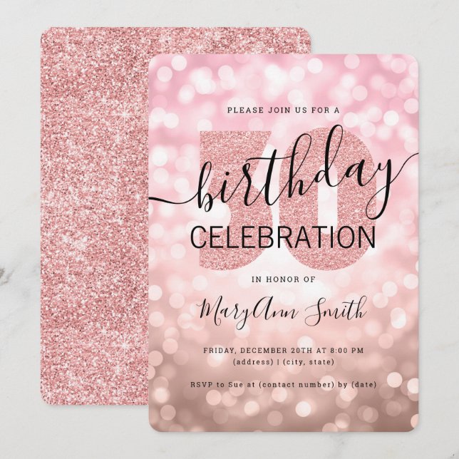 Rose Gold 30th Birthday Glitter Lights Invitation (Front/Back)