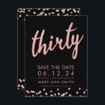 Rose Gold 30th Birthday Save Date Confetti Invitation<br><div class="desc">Elegant "30th Birthday Party" design with Rose Gold Faux Glitter Confetti Typography custom name and details text. Easy to use and easy to personalise. Order Today!</div>