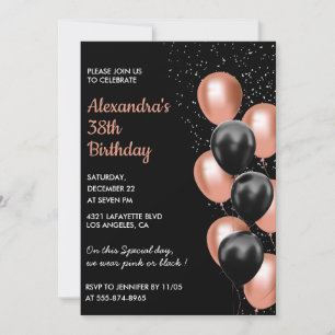 Rose gold 38th birthday invitation Balloon Black