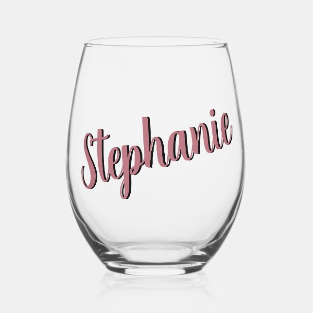 Rose Gold 3D Elegant Handwritten Style Name Stemless Wine Glass (Front)