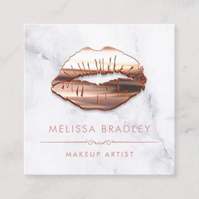 Rose Gold 3D Lips Marble Look Makeup Artist Square Business Card (Front)