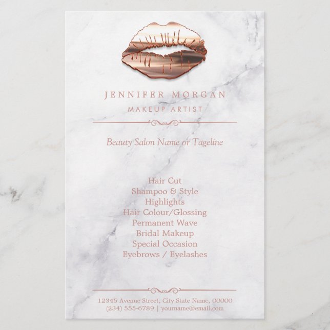 Rose Gold 3D Lips Marble Texture Beauty Salon Flyer (Front)