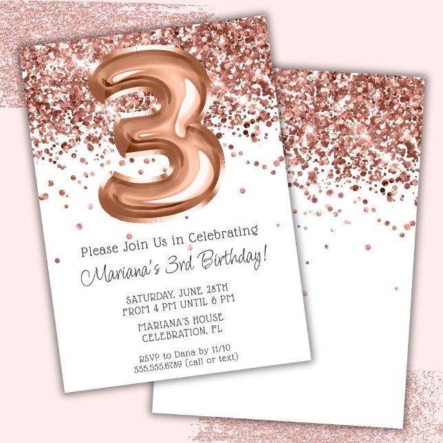 Rose Gold 3rd Birthday Party Invitation (Creator Uploaded)