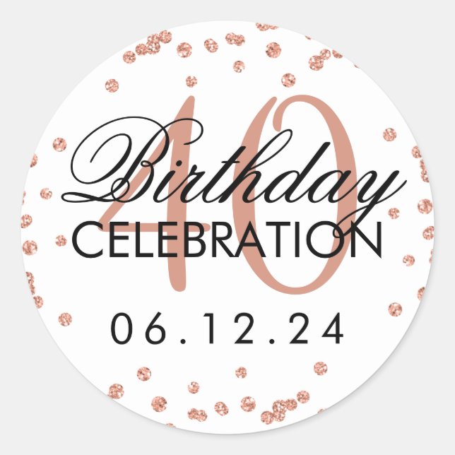 Rose Gold 40th Birthday Faux Glitter Confetti Classic Round Sticker (Front)