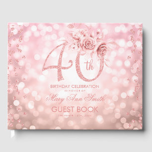Rose Gold 40th Birthday Floral Glam Lights Guest Book