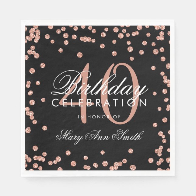 Rose Gold 40th Birthday Glitter Confetti Black Napkin (Front)