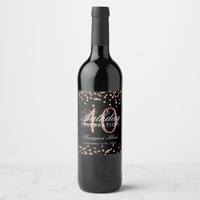 Rose Gold 40th Birthday Glitter Confetti Black Wine Label (Front)